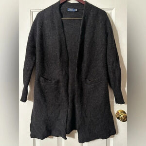 POLO RALPH LAUREN XS Vintge 90’s WOOL CASHMERE Charcoal Open Front Cardi Pockets